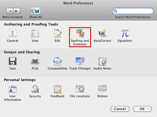 ms word for mac turn off spell check for a document